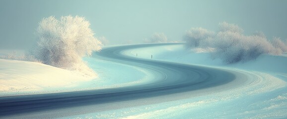 Winter Wonderland: Serene Snowy Road Winding Through Frosty Landscape