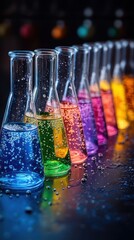 Colorful Erlenmeyer Flasks Filled with Bubbly Liquids in a Dark Setting
