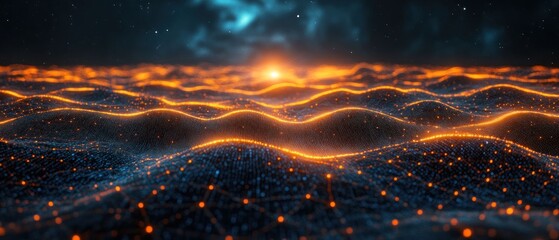 Abstract Digital Landscape: Glowing Waves of Data at Sunset