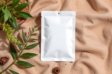 Packaging Mockup: The minimalist package rests on a neutral cloth with greenery and nuts accent, with elegant shadows creating a modern and sophisticated display for any product.