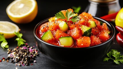 Delicious Stewed Pumpkin and Zucchini in a Black Bowl