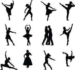 Dance Silhouettes Vector Set – Ballet, Contemporary, Couple Dancing, and Artistic Movement Poses of Men and Women – Ideal for Performing Arts Posters, Dance Studio Branding, Choreography Guides, Theat