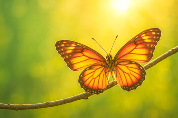 Fototapeta premium Ultra-crisp photo of a vibrant monarch butterfly perched gently on a thin branch, its wings fully open and glowing in the warm, radiant sunlight. The softly blurred green and yellow background 