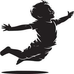 Silhouette of a young boy joyfully jumping with arms outstretched against a bright white background