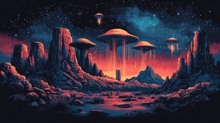 Alien Encounter: A Surreal Desert Landscape Under a Starry Night