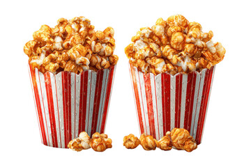 Enjoy delicious caramel popcorn cinema snack fun atmosphere close-up. Isolated on transparent background, png.