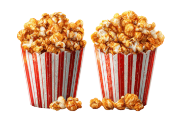Enjoy delicious caramel popcorn cinema snack fun atmosphere close-up. Isolated on transparent background, png.