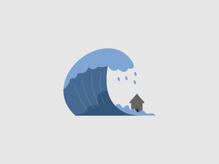 powerful blue wave approaching a small house