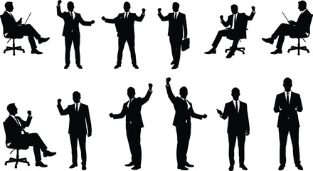 Businessman silhouette collection in various office poses, working, sitting, standing, presenting, success gestures, ideal for corporate and business concepts.