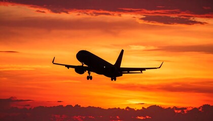 Airplane silhouette takes flight against a fiery sunset sky, vibrant orange and red hues