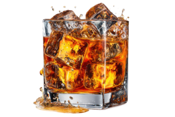 Refreshing whiskey on rocks bar setting beverage photography close-up. Isolated on transparent background, png.
