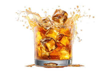 Splashing whiskey glass bar setting beverage photography close-up. Isolated on transparent background, png.