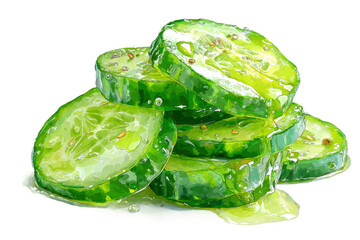 Refreshing cucumber slices kitchen food art bright environment. Isolated on transparent background, png.