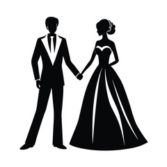 Fototapeta premium Elegant silhouette of a bride and groom holding hands, wedding couple illustration.