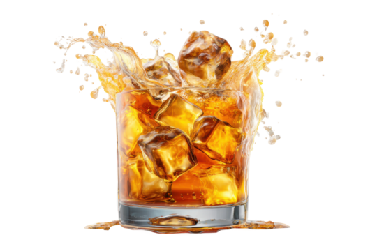 Splashing whiskey glass bar setting beverage photography close-up. Isolated on transparent background, png.