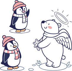 Cute and fun winter holiday cartoon vector illustration set of happy snowmen and penguins with hats and scarves