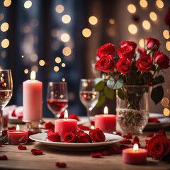 Valentines Candlelight Dinner Table with Red Roses and Romantic Decor

