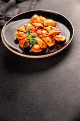 Ravioli beef tomato sauce second course fresh delicious gourmet food background on the table rustic food top view copy space