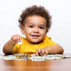 Smiling hispanic toddler with coins and bills on wooden table