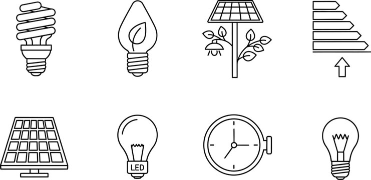 Energy saving tips and eco friendly lighting solutions icons