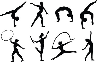Rhythmic Gymnastics Silhouette Vector Set – Acrobatics, Flexibility, Ribbon, Hoop, Clubs, and Ball Routines – Female Gymnasts Performing Balances, Splits, Handstands, and Leaps – Ideal for Sports Logo