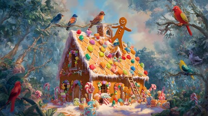 Naklejka premium Birds decorate a gingerbread house in a candied forest. Whimsical concept for holiday marketing, seasonal design, or cheerful web use.