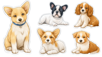 Adorable Cartoon Puppies Collection Featuring Corgi, French Bulldog, Cavalier, and Playful Expressions