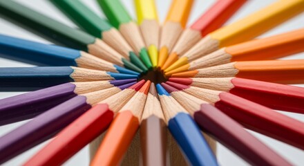 Fototapeta premium Colorful pencils arranged in a circle forming a vibrant spectrum