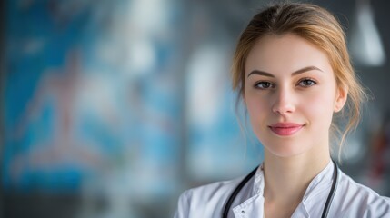 Obraz premium Softly lit medical portrait: female doctor with stethoscope showcasing professional warmth in clinic setting