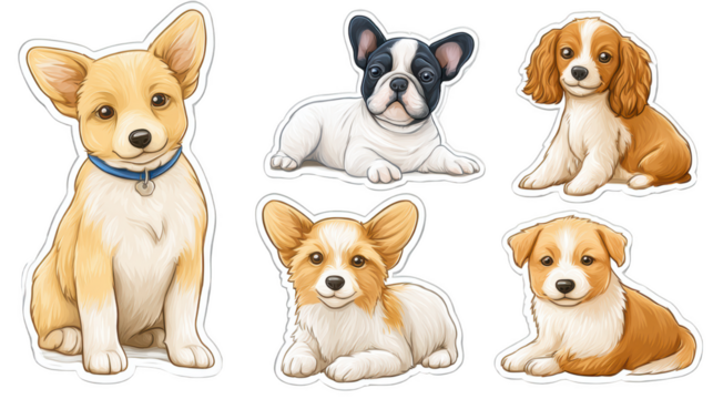 Adorable Cartoon Puppies Collection Featuring Corgi, French Bulldog, Cavalier, and Playful Expressions