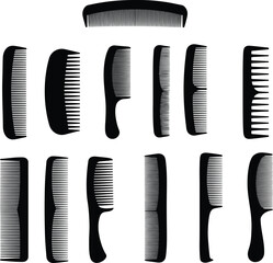 Black Comb Silhouette Collection: Diverse Vector Icons of Hair Styling Tools, Perfect for Beauty Salons, Barbershops, Hair Care Products, and Personal Grooming Designs.