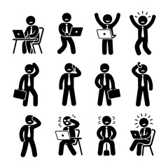 Businessman with Laptop in Different Poses and Emotions Stick Figure Icon Set