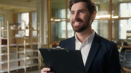 Fototapeta premium Caucasian business man writing documents businessman signing contract in office smiling guy male professional employee happy real estate broker successful deal write papers bank insurance agreement