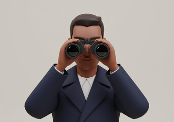 Character 3D Model Man with Binoculars Strategic Business Vision Observation