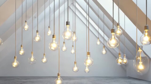 Light bulbs swinging gently in a white attic