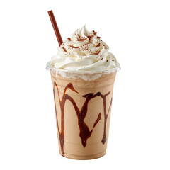 Decadent mocha frappe delight, garnished with whipped cream and chocolate swirl presented on a