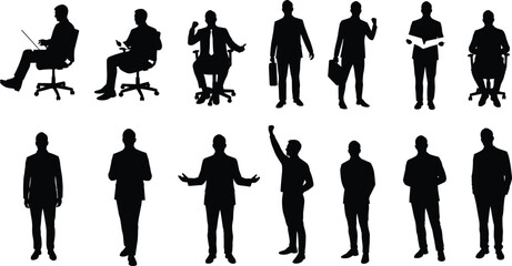 Silhouette businesspeople in various professional postures, standing and sitting, corporate communication, confidence, and teamwork concept for business theme