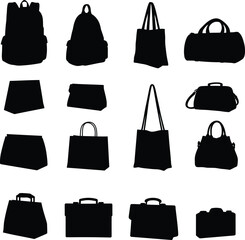 Stylish Vector Silhouettes: Collection of Diverse Handbags, Backpacks, and Briefcases for Fashion, Travel, and Everyday Use Designs – Isolated Black Icons.