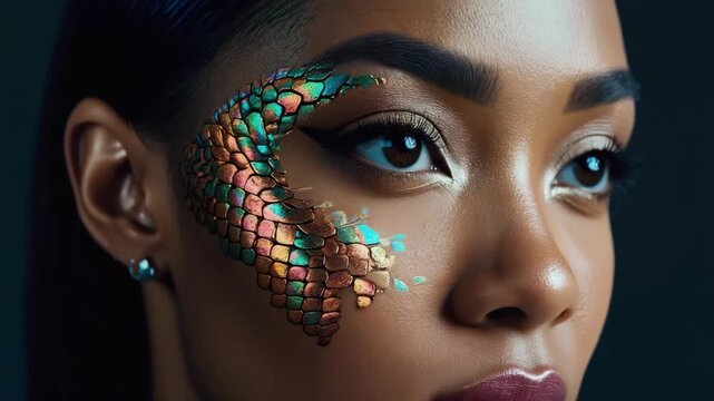 Woman with reptile scale makeup posing