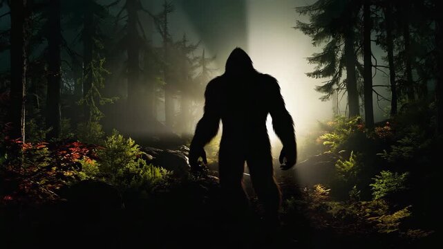 Bigfoot silhouette emerging from dark forest