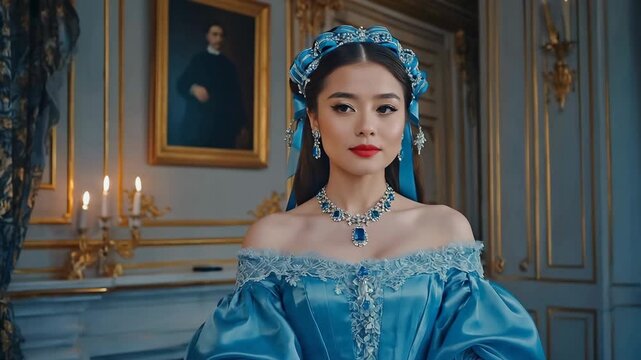 Portrait of a young noblewoman wearing a blue dress and precious jewelry