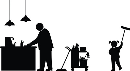 Obraz premium Silhouette of janitor and child with mop, cleaning tools and cart in workplace environment, representing teamwork, hygiene, sanitation service.