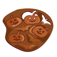 Fototapeta premium Halloween pumpkin and bat ginger cookies clipart – spooky treat. Hand-drawn chocolate cookies with carved pumpkin faces. Fun clipart for Halloween party designs and spooky food art.