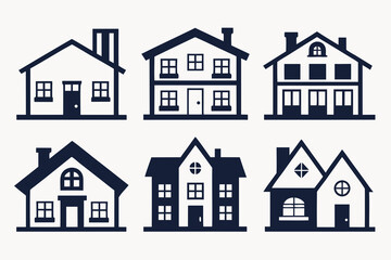 Fototapeta premium Collection of six diverse dark blue house silhouettes on a white background