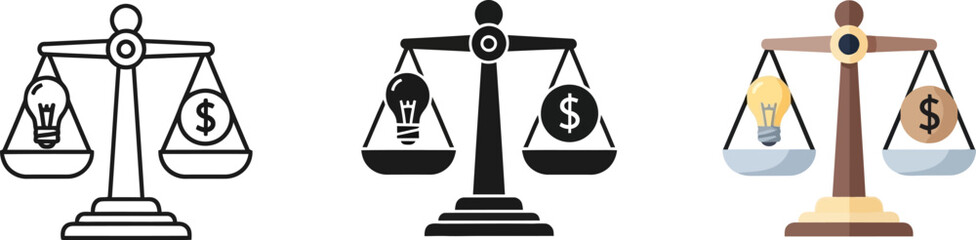 Three different styles of balance scales weighing money and coins