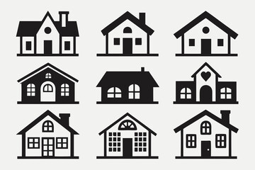 Collection of simple black house icons with various architectural styles