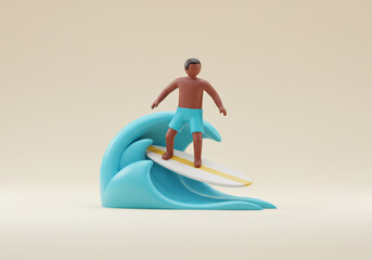 Character 3D Model Surfer Riding Ocean Wave Surfboard Summer Outdoor
