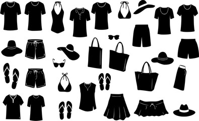 Fototapeta premium Summer vacation clothing and accessories collection vector silhouette 