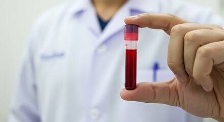 Close up hand Medical holding a blood sample tube for laboratory analysis. Concept of healthcare, diagnostics, and scientific research.