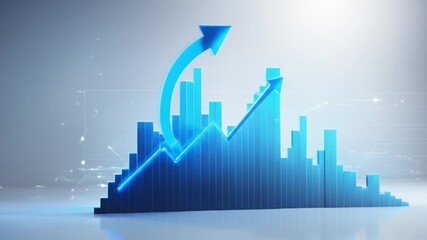 Digital growth concept of an upward arrow chart with a blue glowing graph and an upward trend showing futuristic data visualization and digital advancements in the business technology sector. 4k video - Powered by Adobe